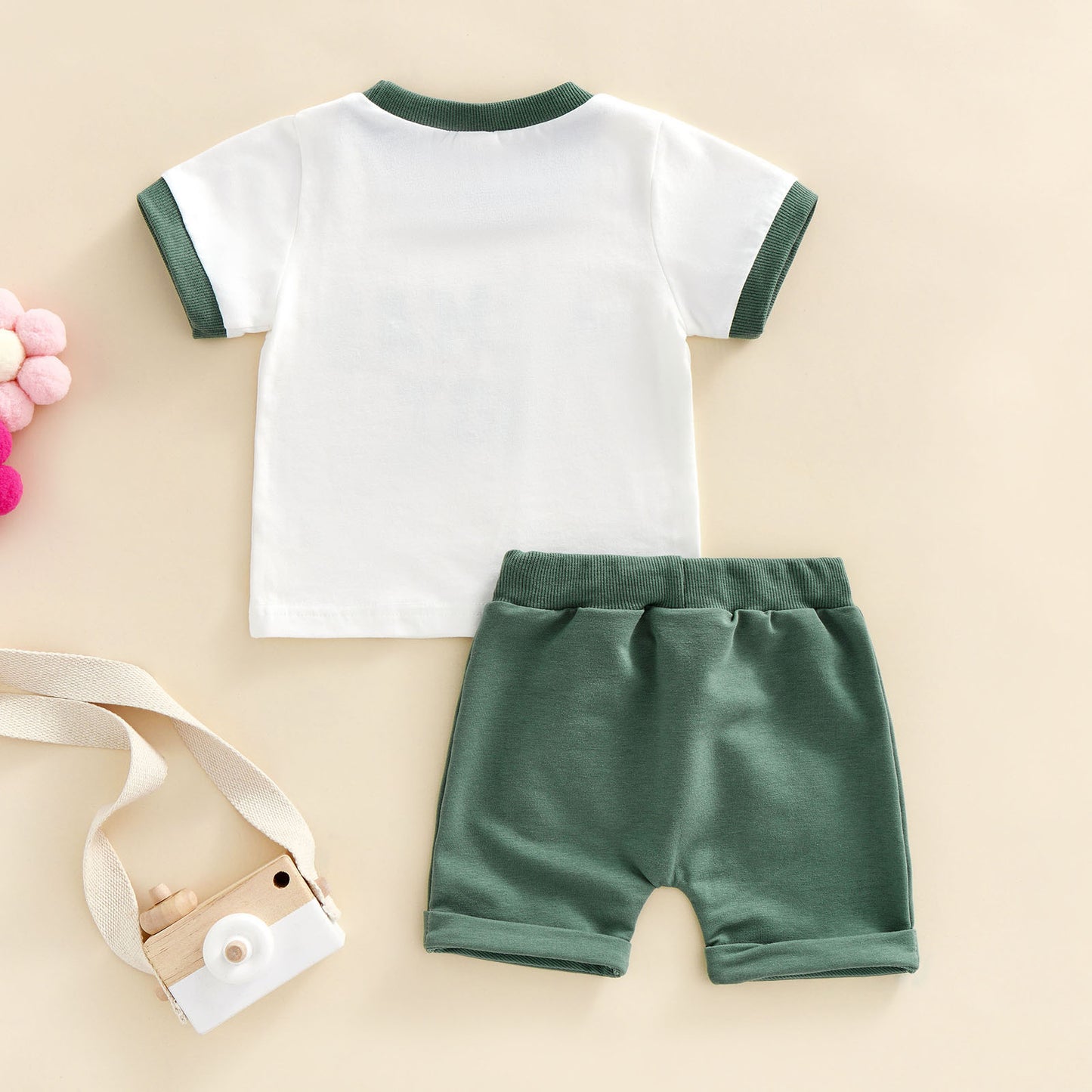 Two Piece Retro Style Mama's Boy Short Sleeve Top and Middle Pocket Short Infant Baby Boy Set