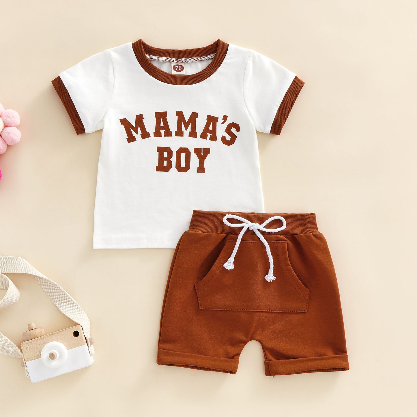 Two Piece Retro Style Mama's Boy Short Sleeve Top and Middle Pocket Short Infant Baby Boy Set