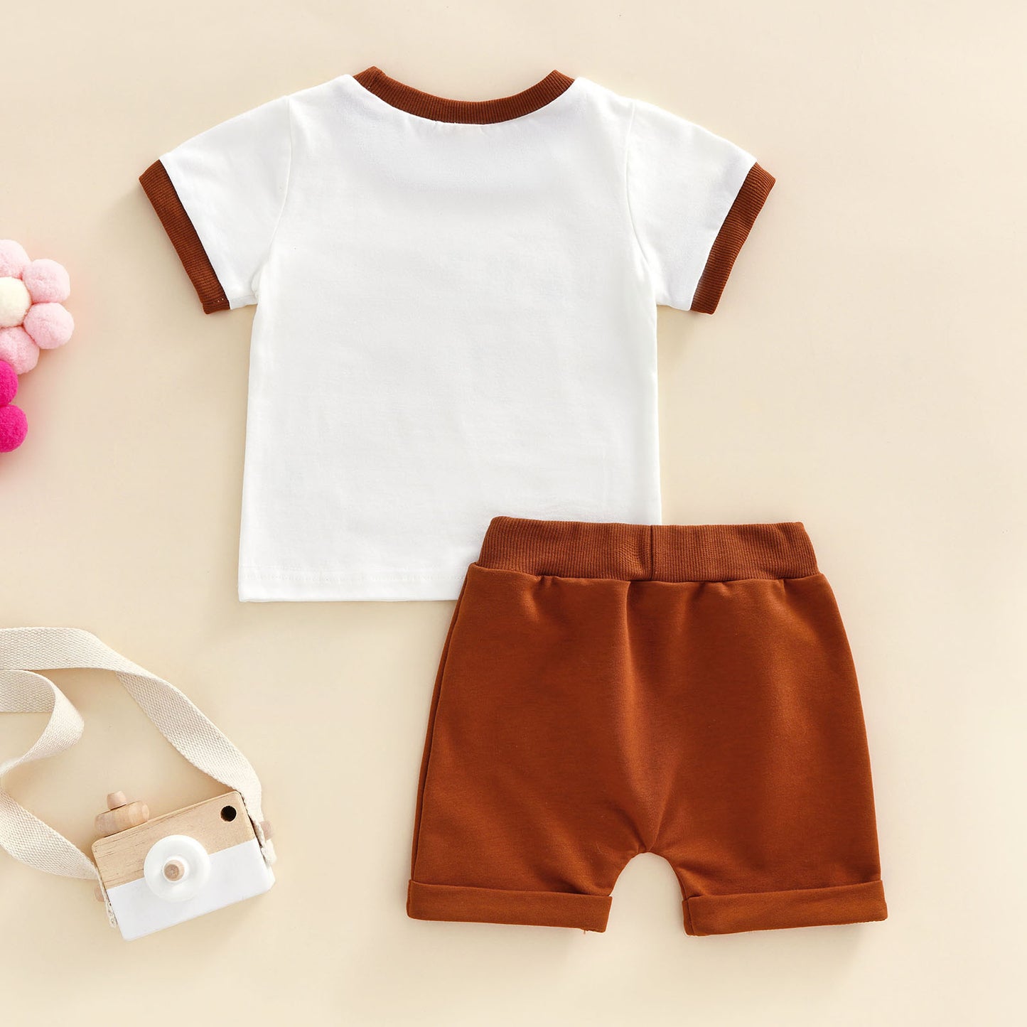 Two Piece Retro Style Mama's Boy Short Sleeve Top and Middle Pocket Short Infant Baby Boy Set