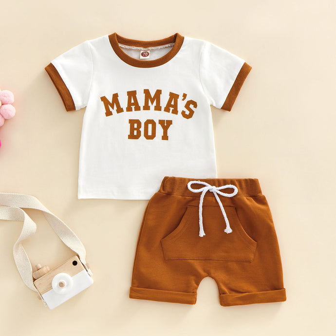 Two Piece Retro Style Mama's Boy Short Sleeve Top and Middle Pocket Short Infant Baby Boy Set