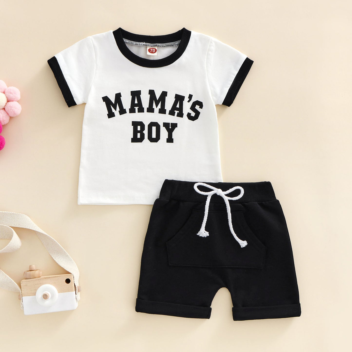 Two Piece Retro Style Mama's Boy Short Sleeve Top and Middle Pocket Short Infant Baby Boy Set